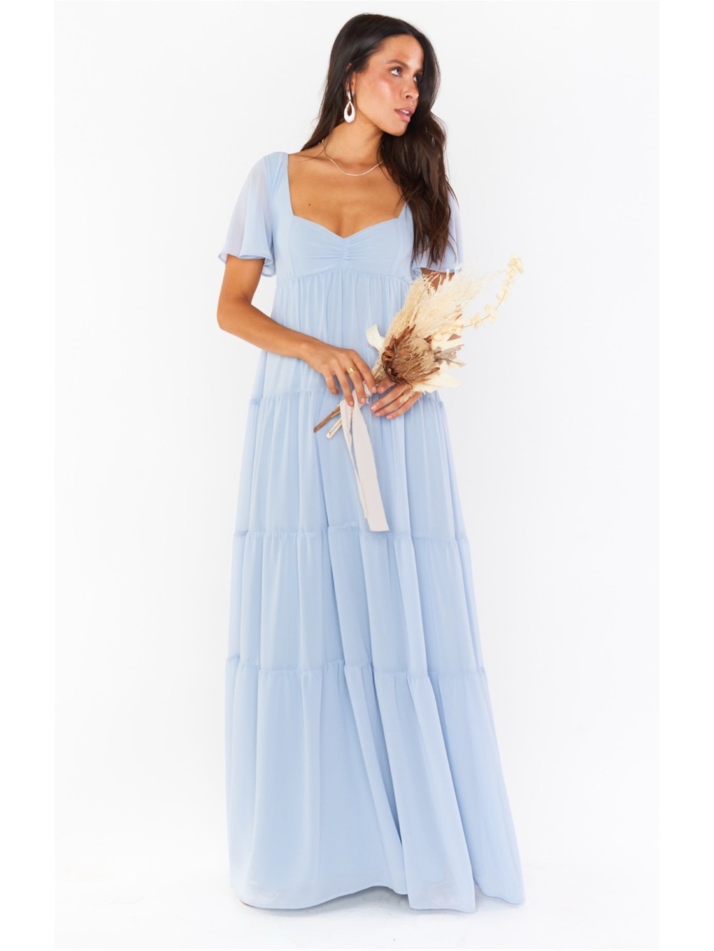 Show Me Your Mumu “Nicole” baby blue sweetheart-neck tiered maxi dress (large)